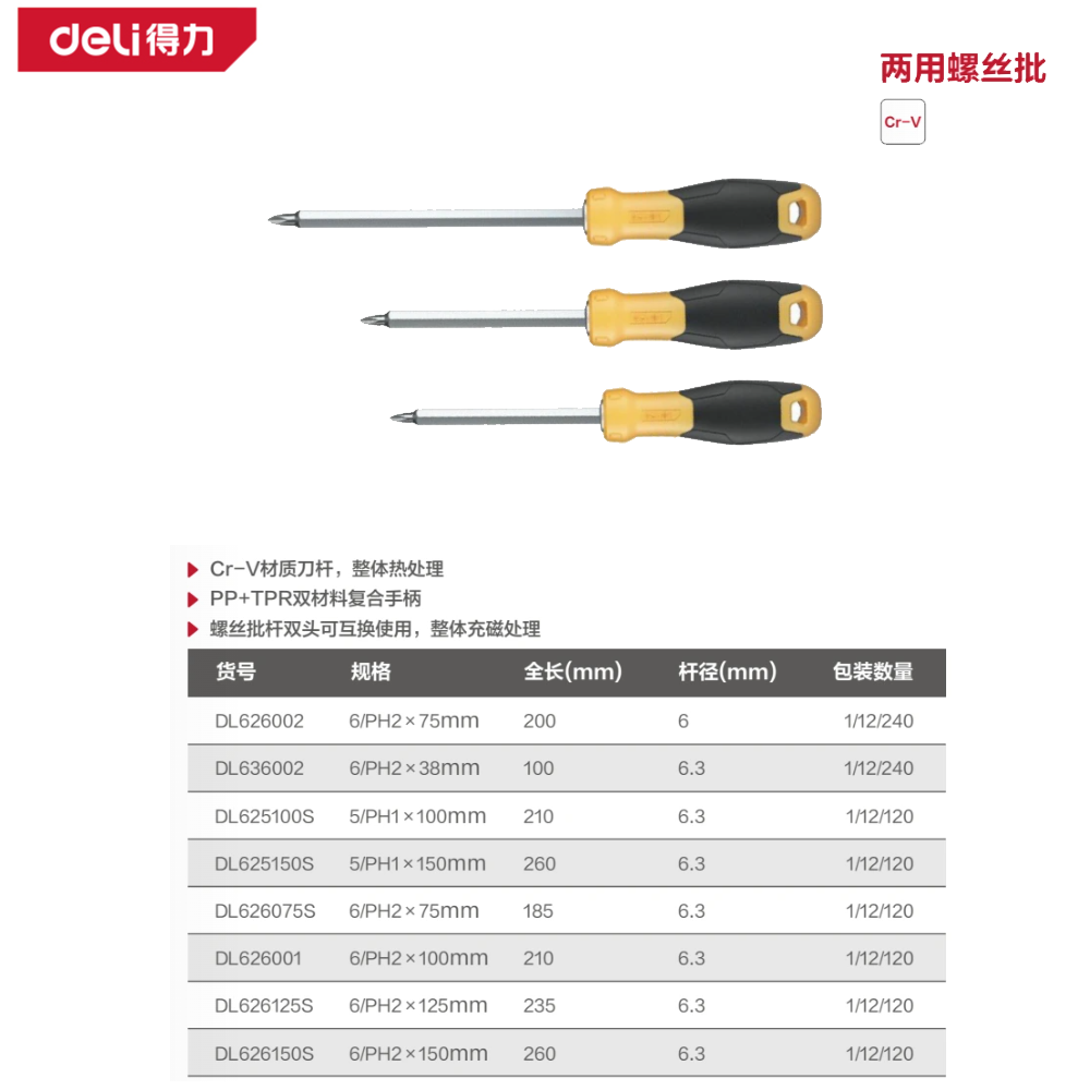 两用螺丝批6/PH2x125mm铬钒钢(黄)(把)