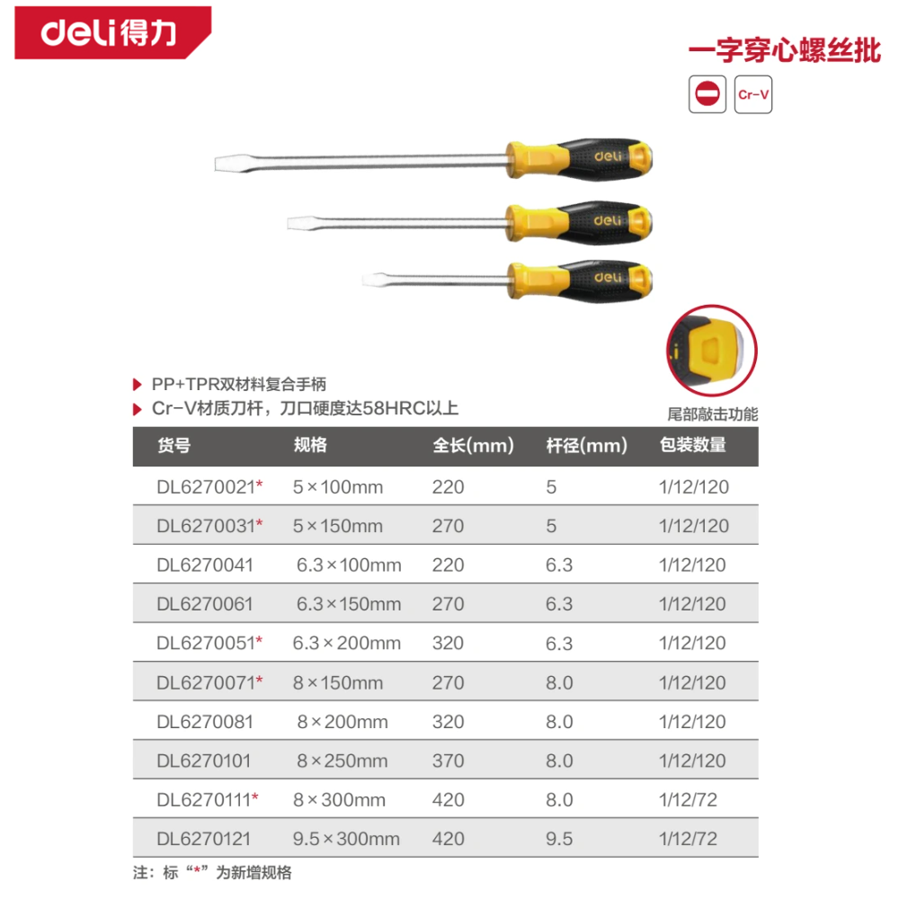 [DL6270061] 穿心一字螺丝批6.3x150mm铬钒钢(黄)(支)