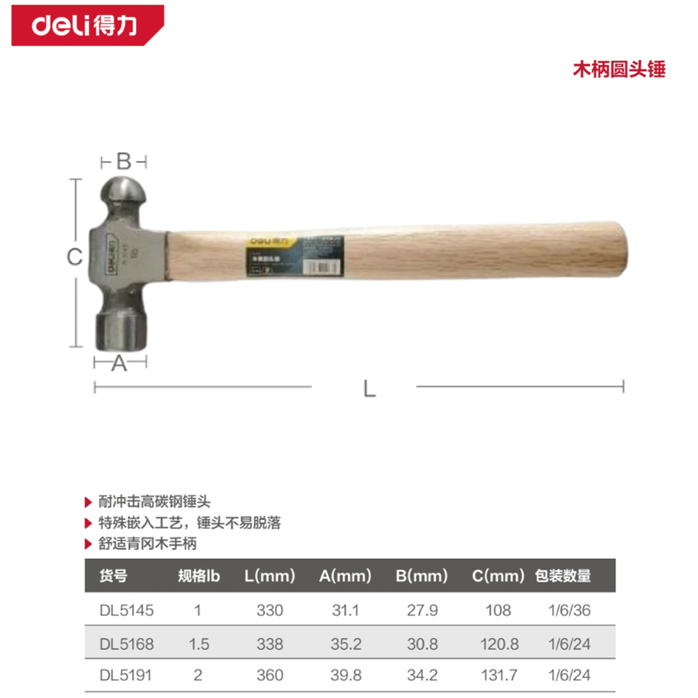 [DL5145] 木柄圆头锤1lb(银)(把)
