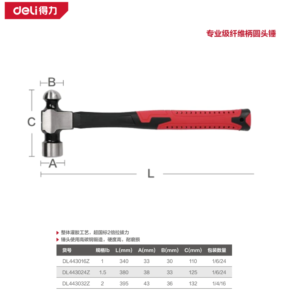 专业级纤维柄圆头锤24oz(红)(把)