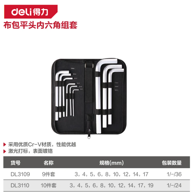 [DL3110] 标准平头内六角组套10件套布包(银)(套)