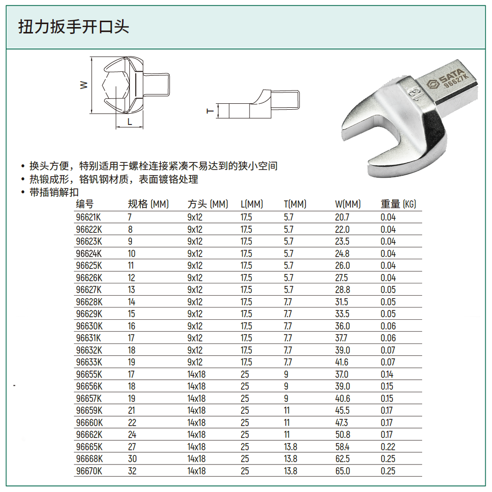 [96621K] 扭力扳手开口头9x12x7MM