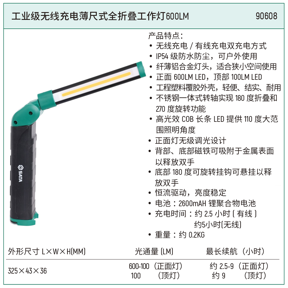 工业级无线充电薄尺式全折叠工作灯600LM