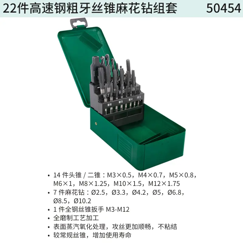 22件高速钢粗牙丝锥麻花钻组套