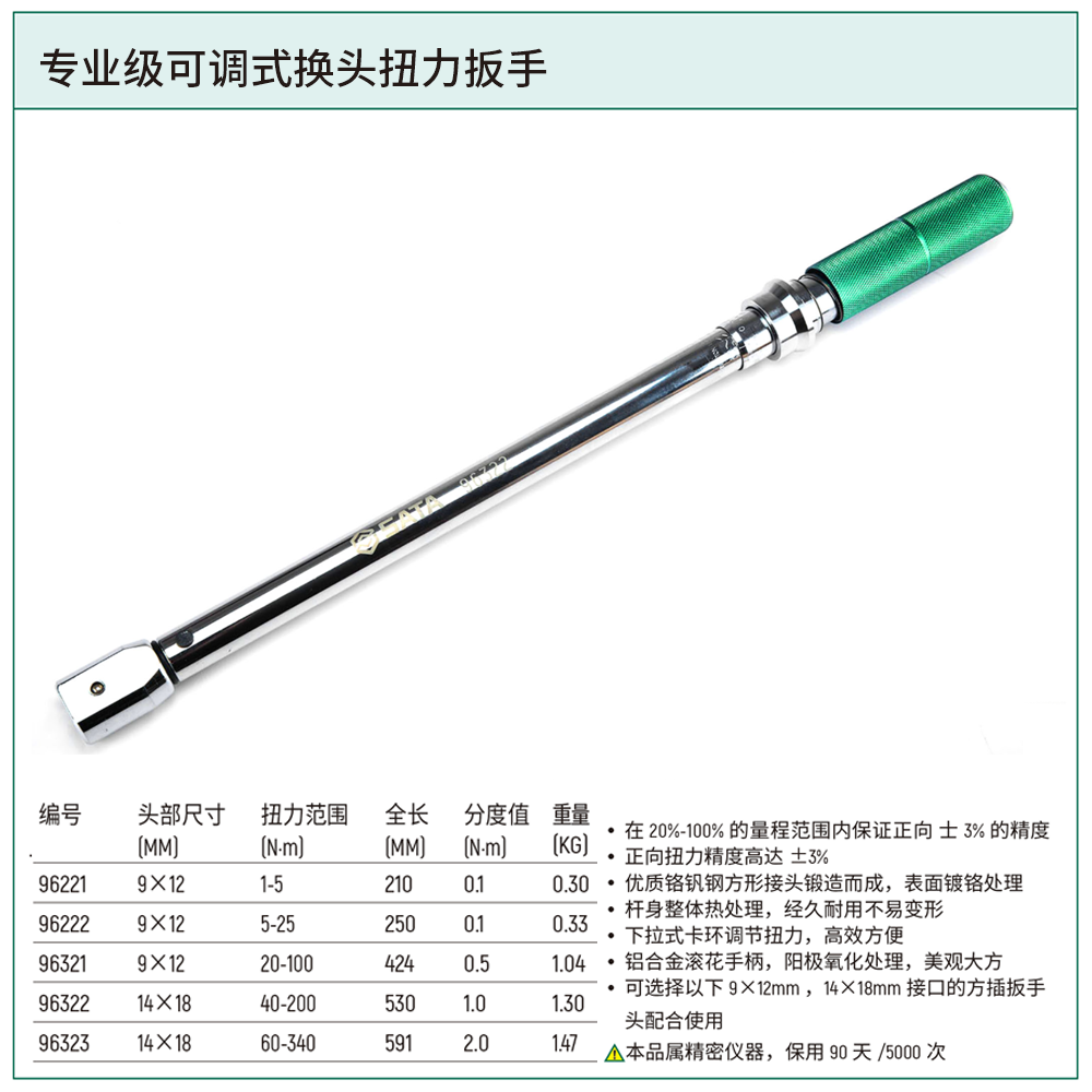 专业级可调式换头扭力扳手40-200N·m
