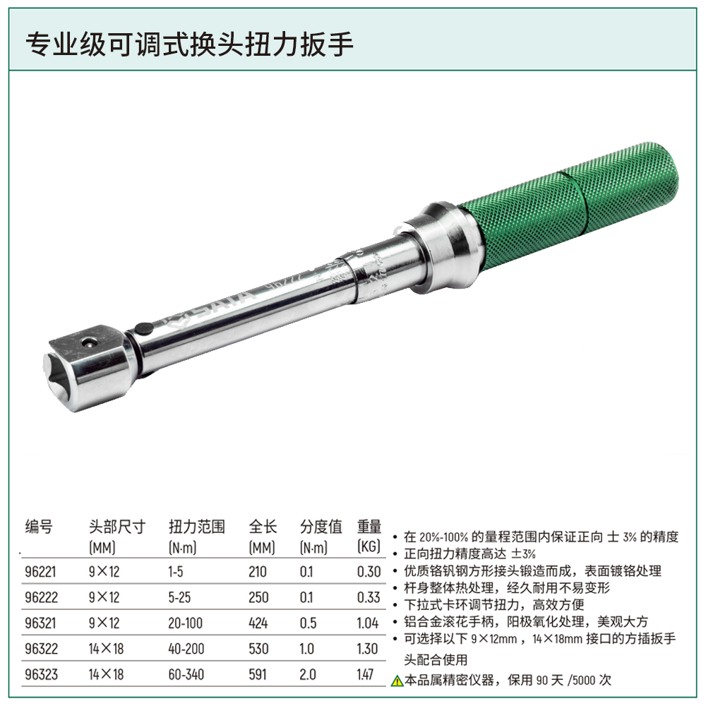[96222] 专业级可调式换头扭力扳手5-25N·m
