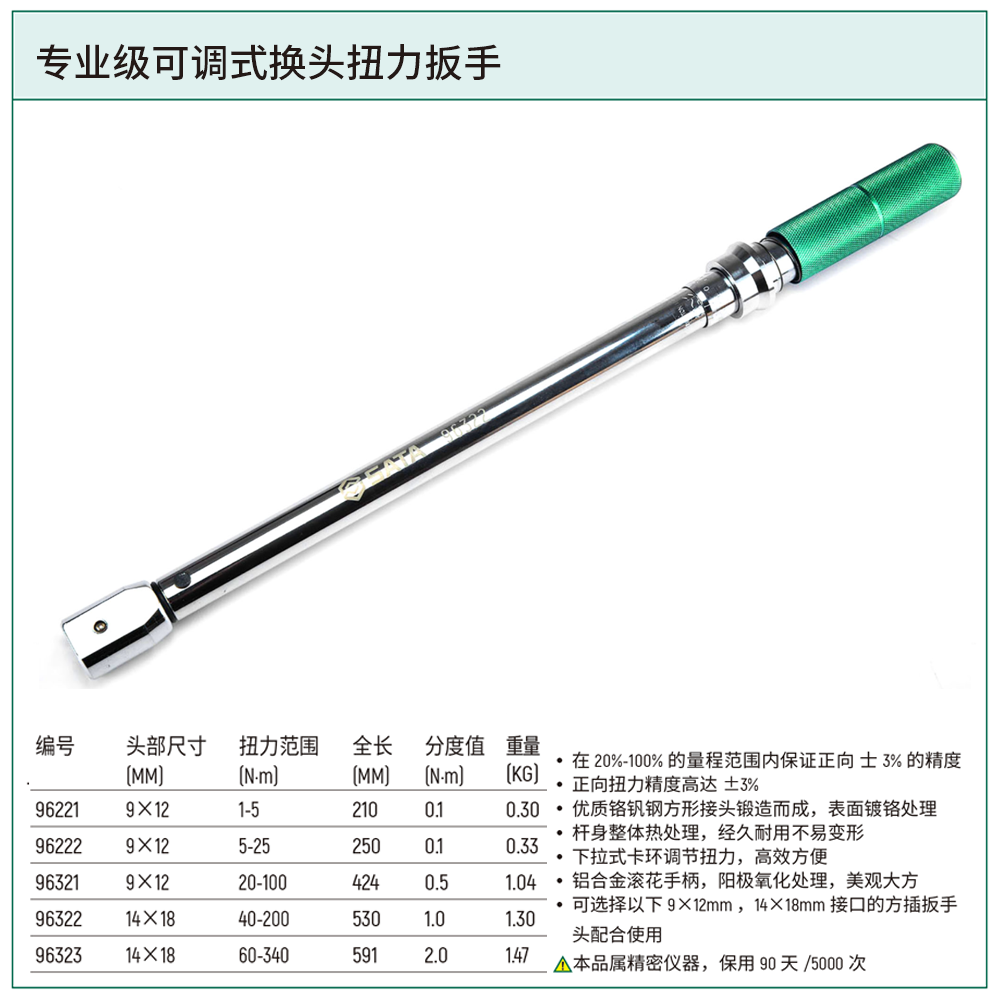 [96323] 专业级可调式换头扭力扳手68-340N·m